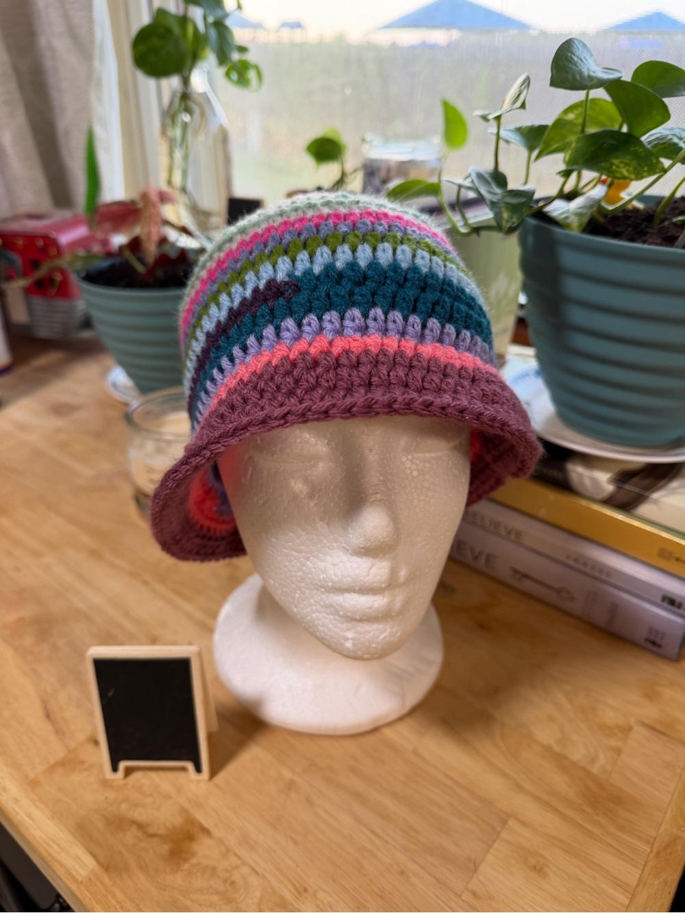 Hand Crafted Multicolor Crochet Bucket Hat in Plum, Teal & Pink